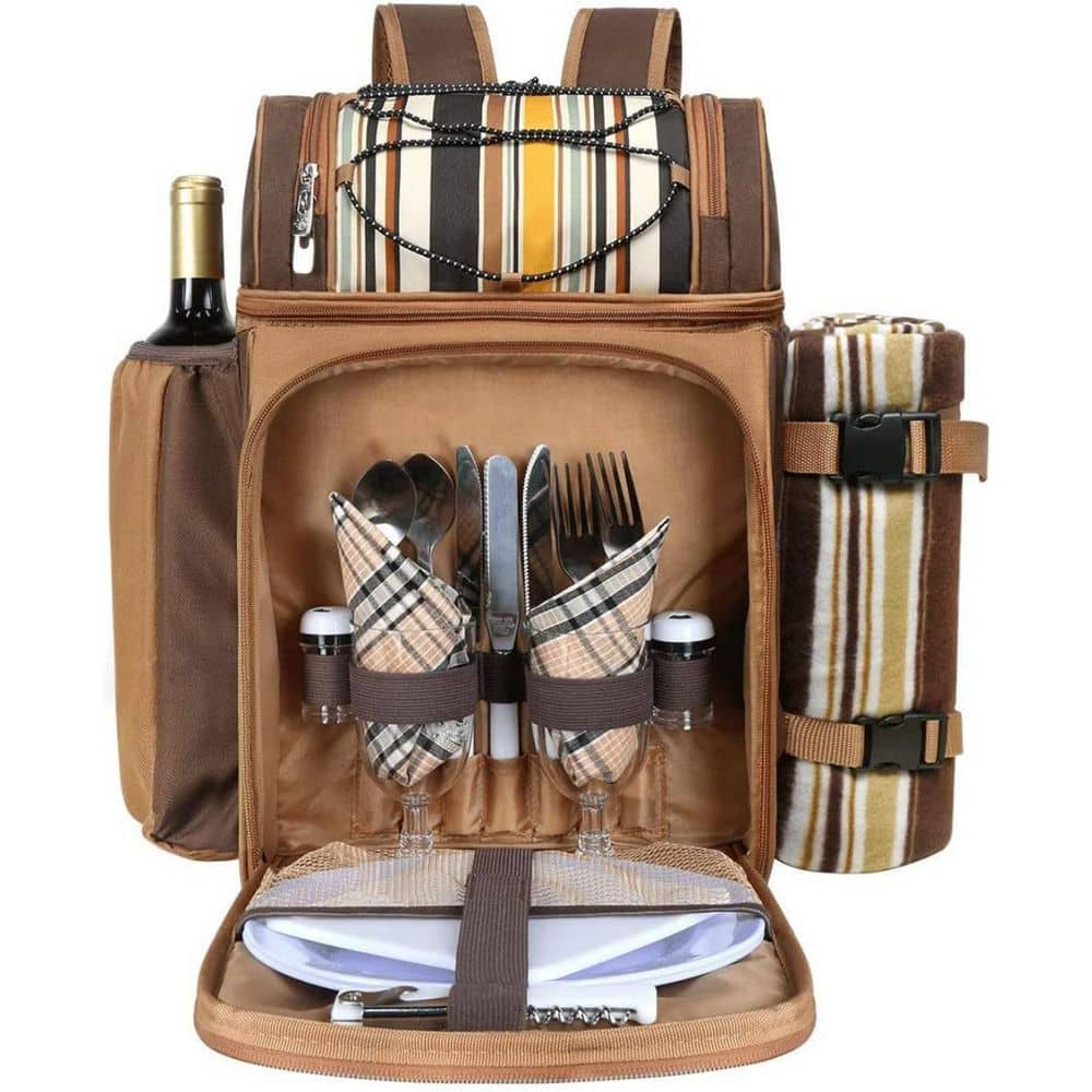 12 in. Blasting Brown Picnic Backpack-2 Insulation Cooler Wine Rack Wool Blanket B08MPY2VB2