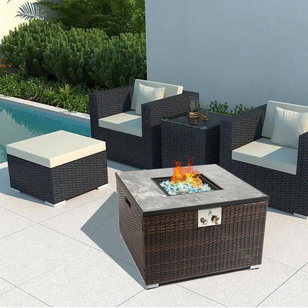 Tunearary 50000BTU Outdoor Rattan 32in Square Fire Pit Table Ceramic Tile Tabletop W853HZP40126