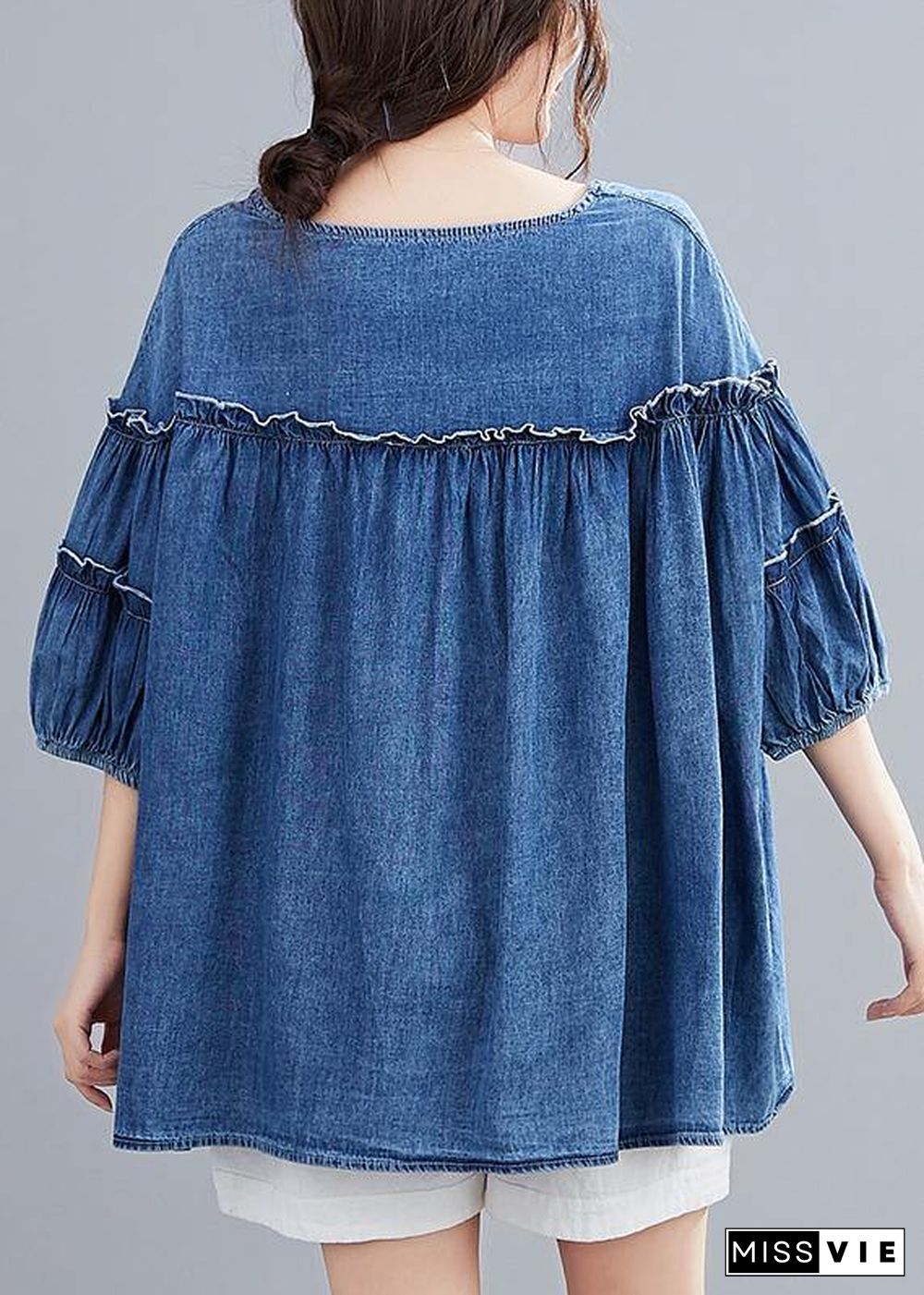 French v neck lantern sleeve cotton summer top Outfits denim blue shirts