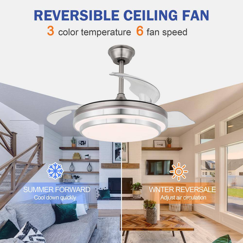 Bella Depot 42 in. Indoor Brushed Nickel Retractable Ceiling Fan with LED Light and Remote 6-Speed Reversible Ceiling Fans BD4204