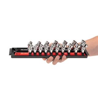 TEKTON 38 in. Drive Universal Joint Socket Set with Rails (38 in.-34 in. 10 mm-19 mm) (17-Piece) SHD91217