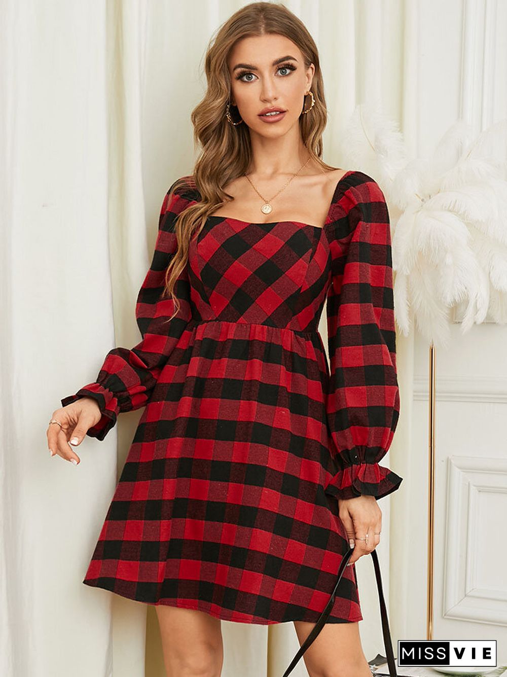 Check Print Square Collar Long Sleeve Dress Women