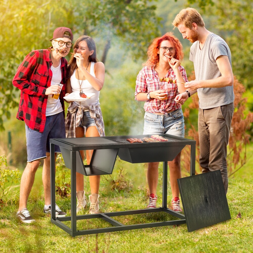 Outsunny 4 in 1 Fire Pit  BBQ Grill  Ice Bucket Cooler  Garden Table  with Cooking Grate  Log Grate   Waterproof Cover