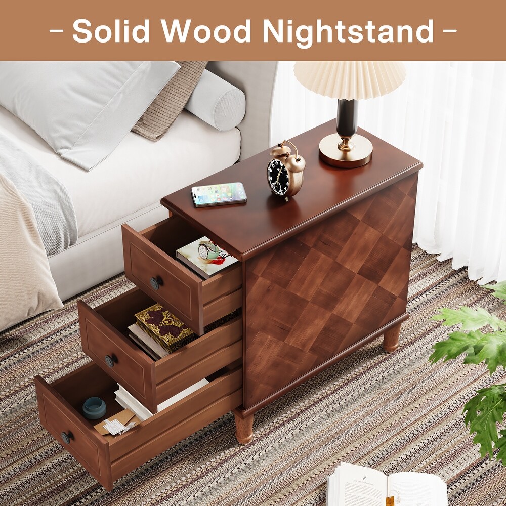 Fully Assembled Narrow End Table  Solid Wood Side Table with 3 Drawers  Vintage Nightstand Slim Bedside Table for Small Spaces