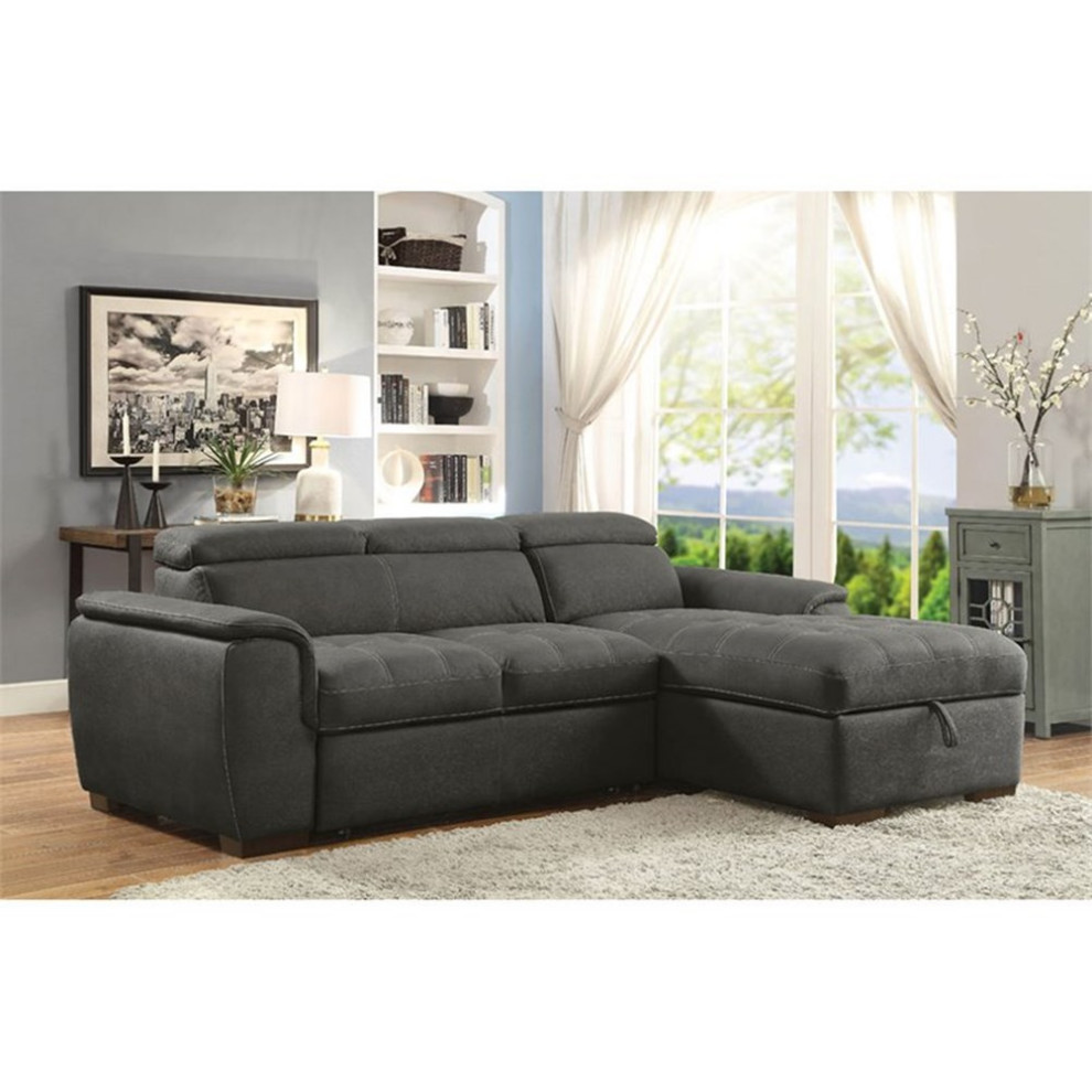 Bowery Hill Faux Leather Sleeper Sectional in Graphite Gray Finish   Transitional   Sectional Sofas   by Homesquare  Houzz