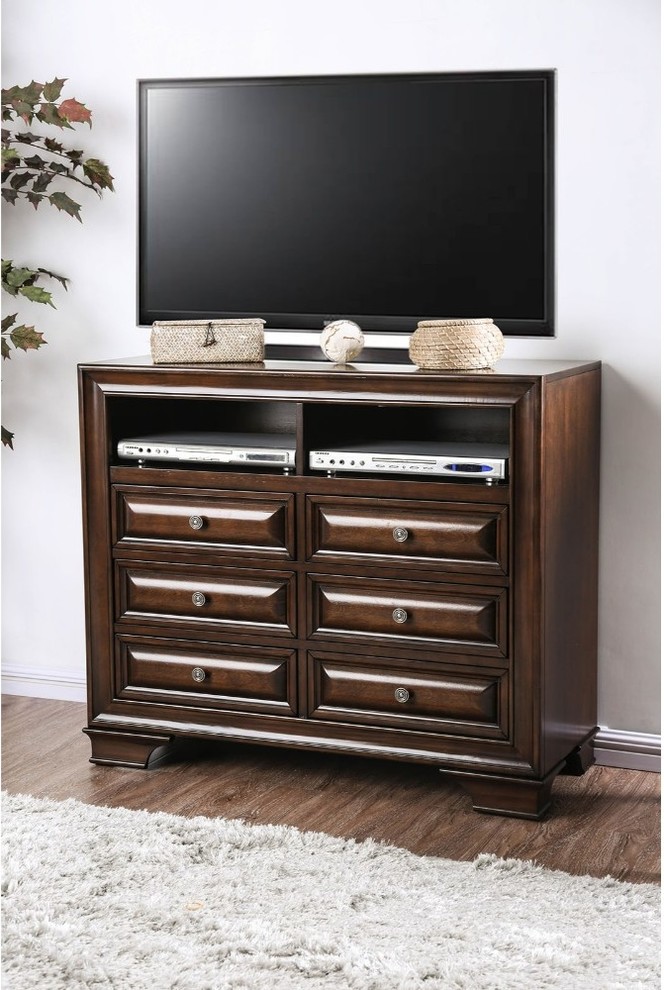 Wooden Media Chest With Six Drawer And Two Open Shelf In Cherry Brown   Traditional   Entertainment Centers And Tv Stands   by VirVentures  Houzz