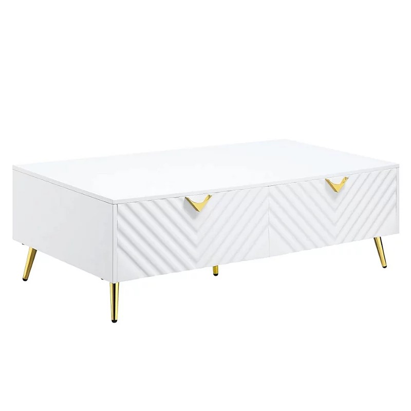 Tyra 53 Inch Modern Coffee Table， 2 Drawers， Metal Handles， White， Gold