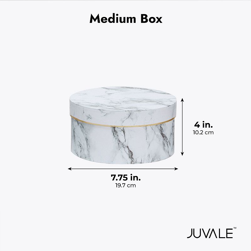 Set of 3 Small Round Gift Boxes with Lids， White Marble Print Cardboard Boxes (3 Sizes)