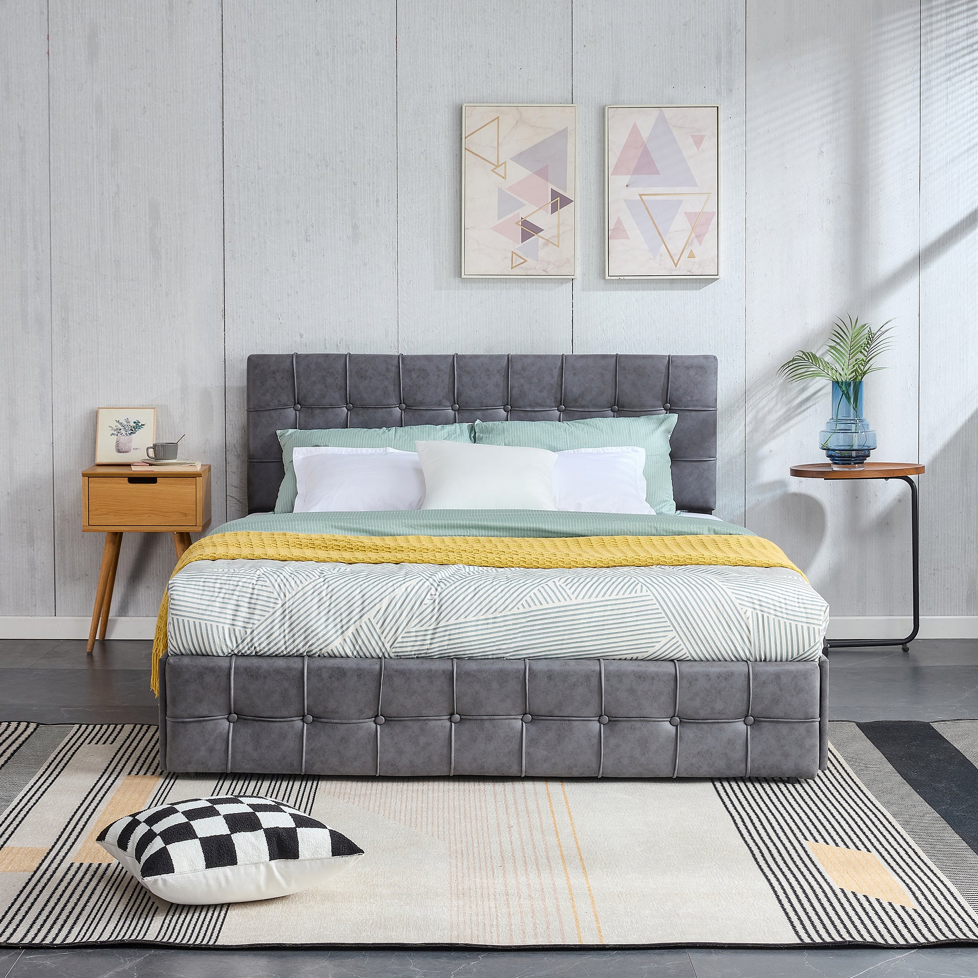 HSUNNS Modern Fabric Upholstered King Size Bed Frame with 4 Drawers, Storage Bed with Height Adjustable Headboard, Bedroom Furniture Metal Frame with Strong Wood Slats Support, Gray