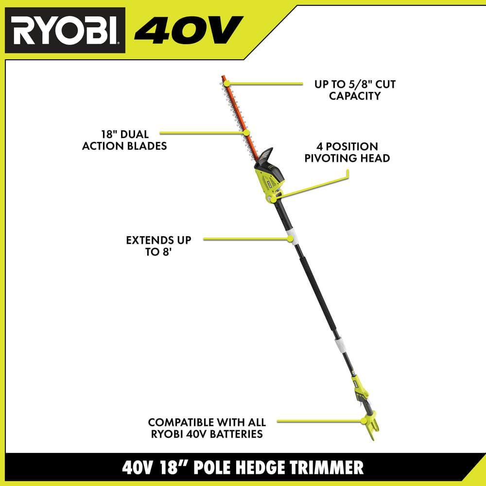 RYOBI 40V 18 in Cordless Battery Pole Hedge Trimmer with 20 Ah Battery and Charger