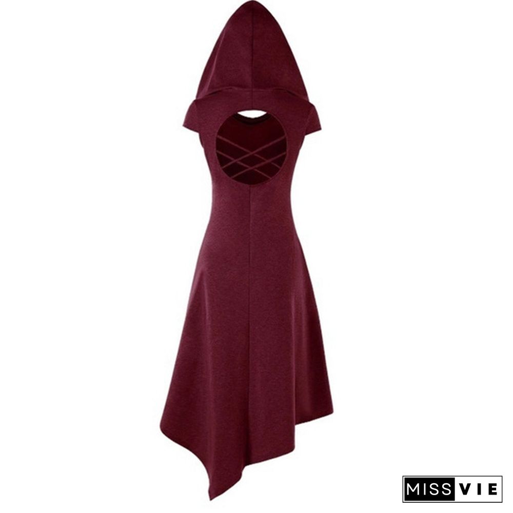 Gothic Medieval Style Women Hooded Criss Cross Irregular Handkerchief Dress Summer Casual Sleeveless Dress Asymmetrical Dresses