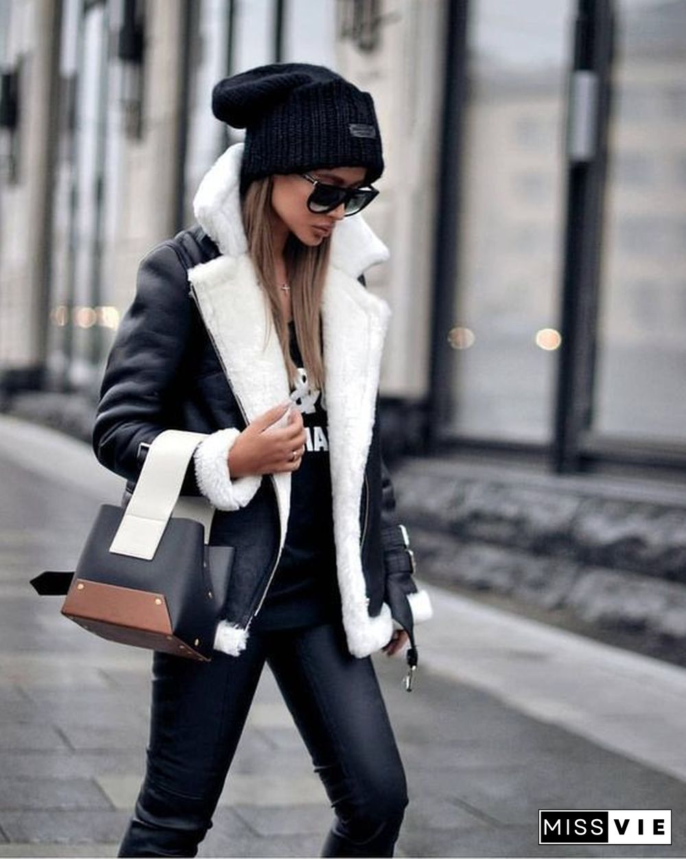 Faux Fur Lined Leather Shearling Moto Jacket