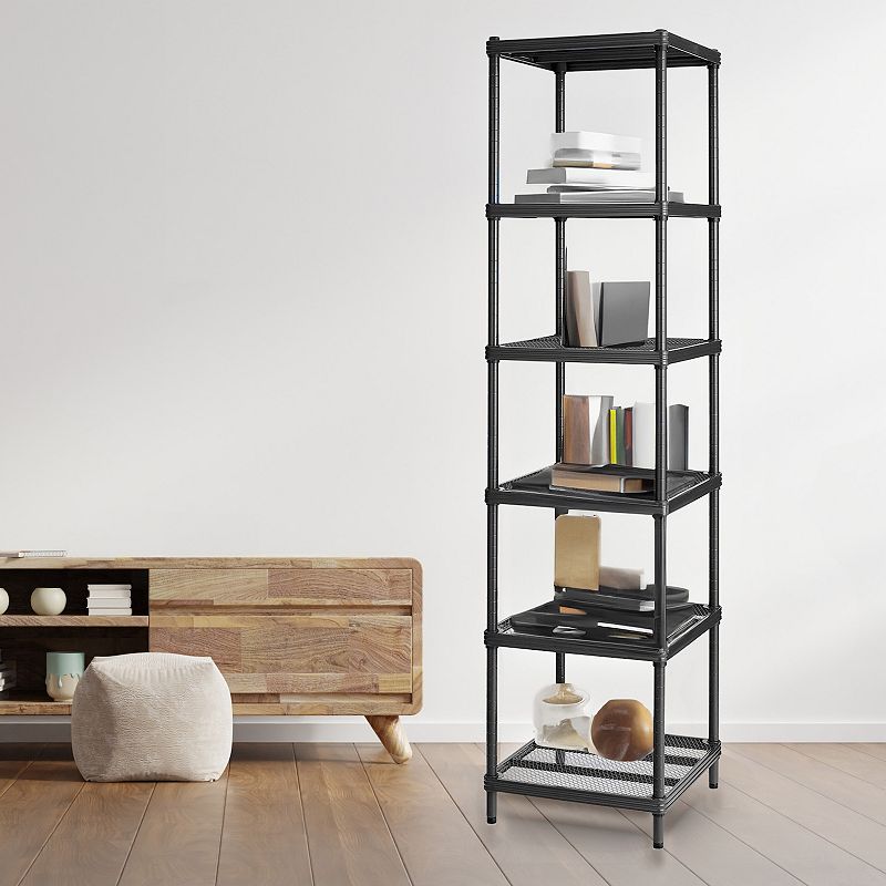 Design Ideas Meshworks 6 Tier Tower Metal Storage Shelving Unit Rack， Black