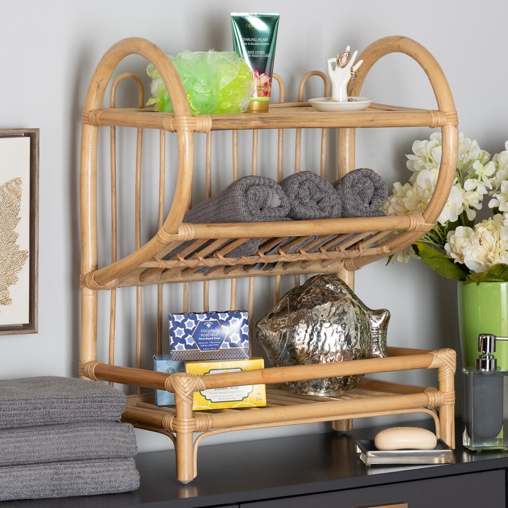 Liora Bohemian Natural Brown Finished Rattan 2 Tier Display Shelf