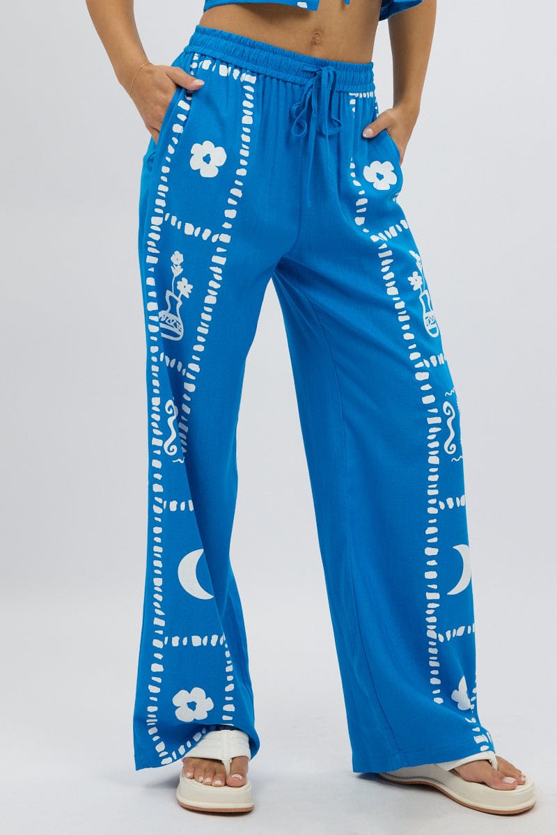 Blue Wide Leg Pants Elasticated Waist