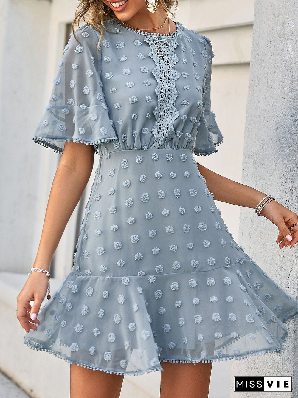 Women'S Dresses Jacquard Polka Dot Lace Fringed Dress