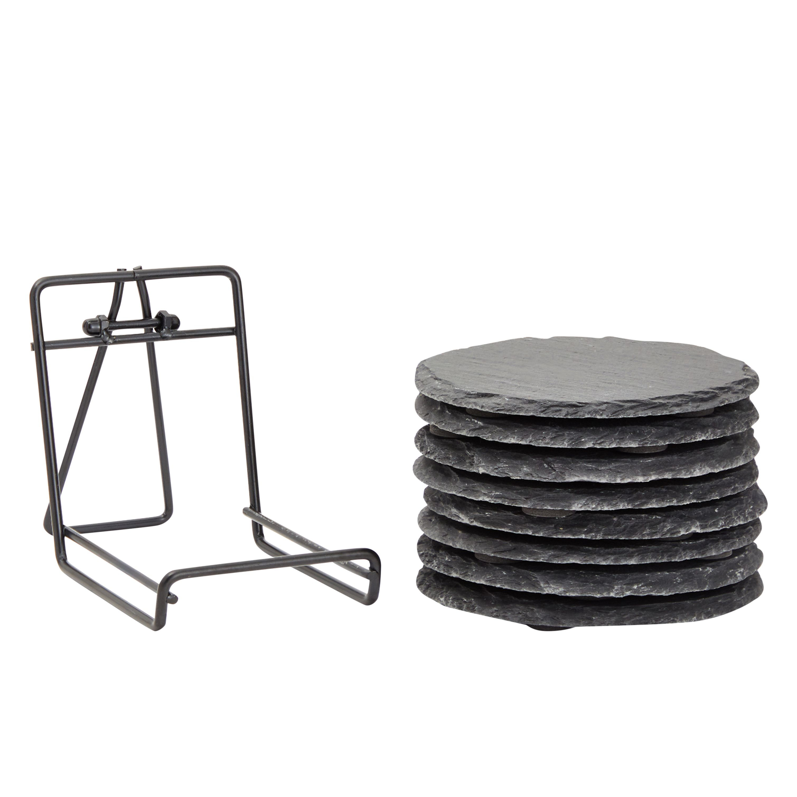 8 Pack Natural Edge Slate Coaster Set with Holder， Round Stone Coasters (Black 3.8 In)