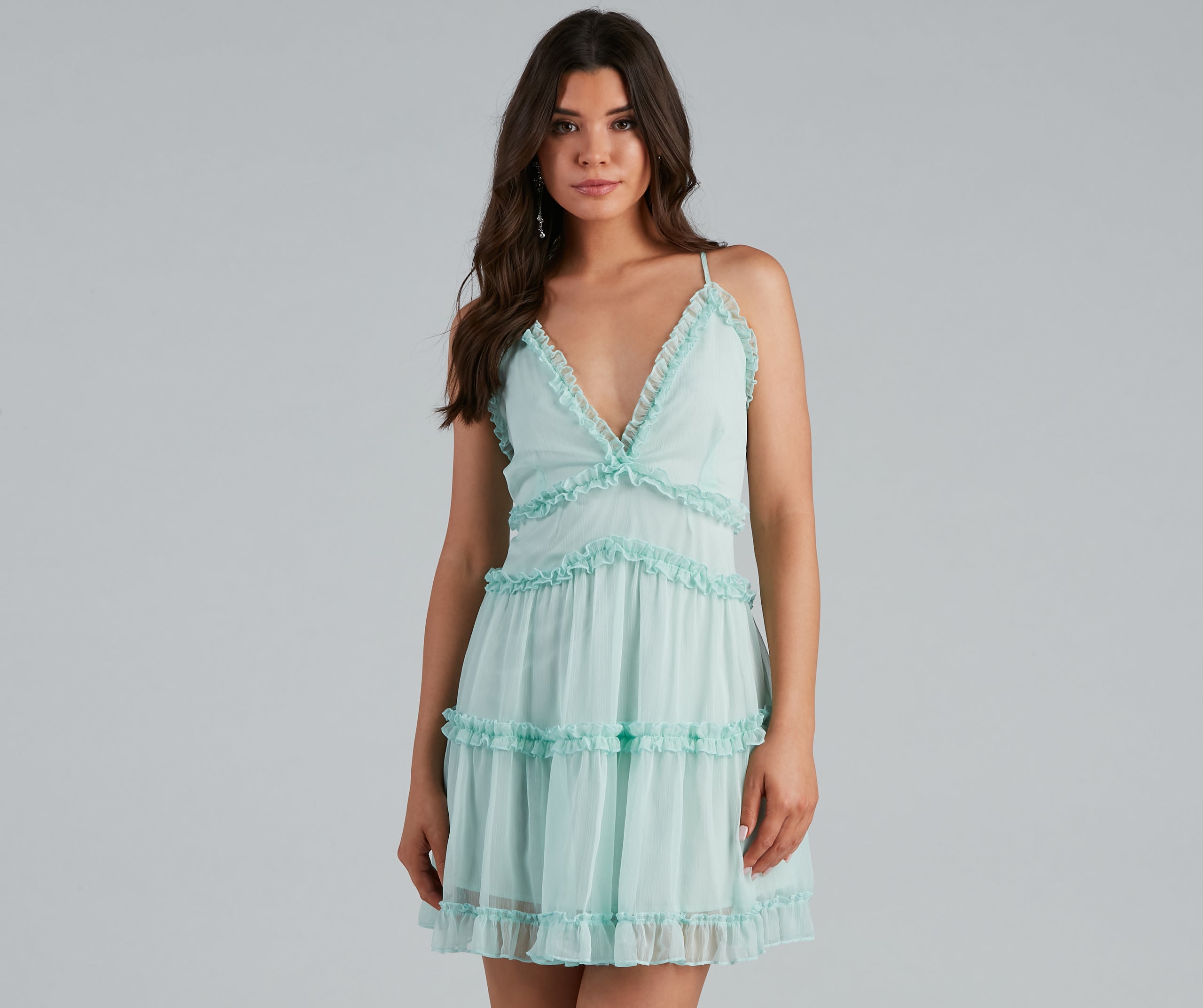 Ruffle Party Chiffon V-Neck Babydoll Dress