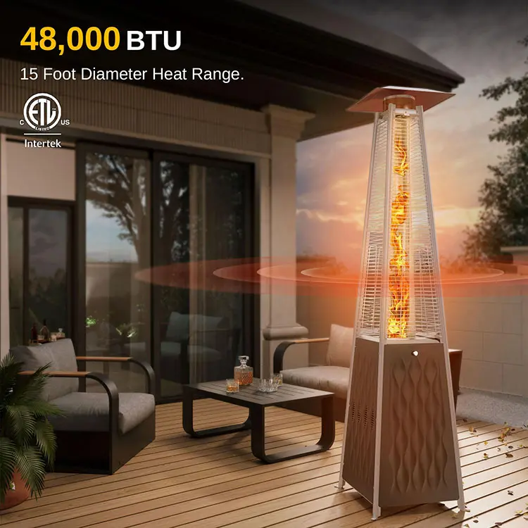 48000 BTU Stainless Steel Tower Shape Brown Standing Quartz Glass Tube Propane Outdoor Patio Heater