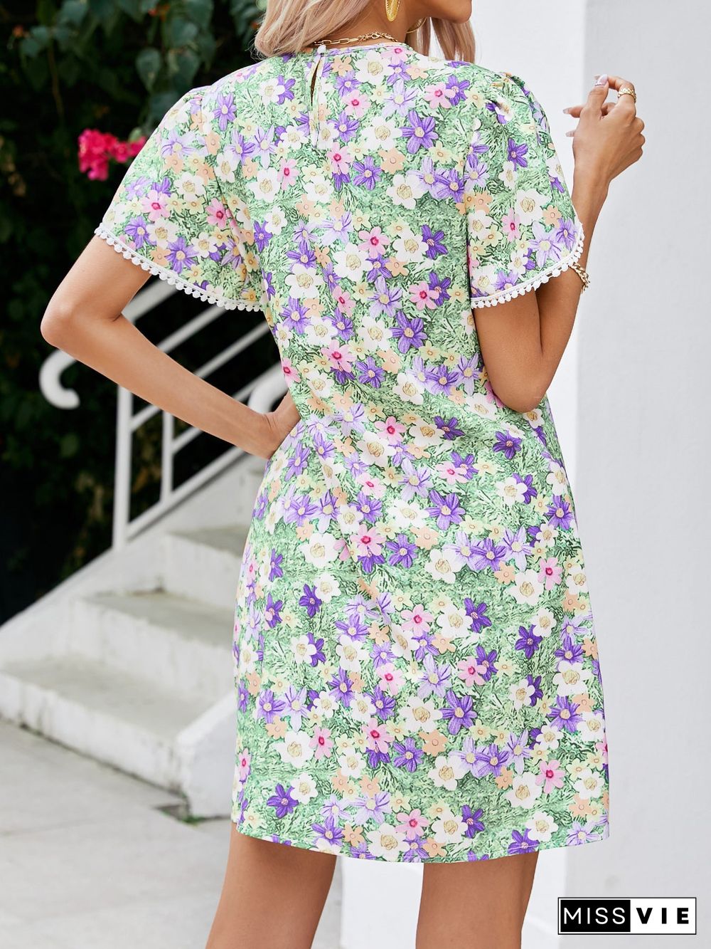 Women's Round Neck Short Sleeve Floral Printed Dress