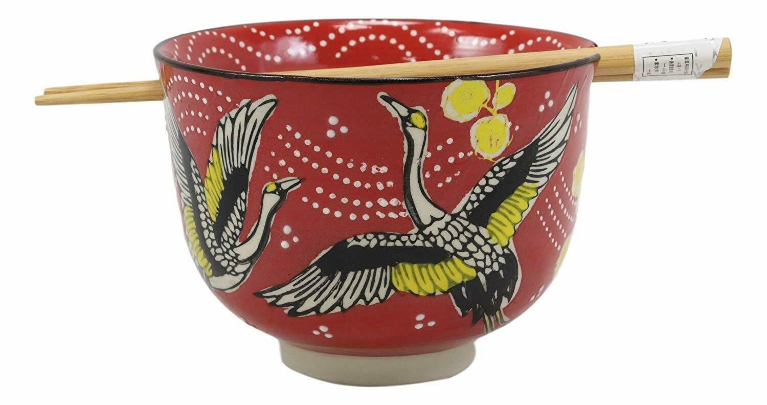 1 Red Sky Flying Crane Bird Ramen Noodles 5D Soup Rice Bowl With Chopsticks Set EBR02