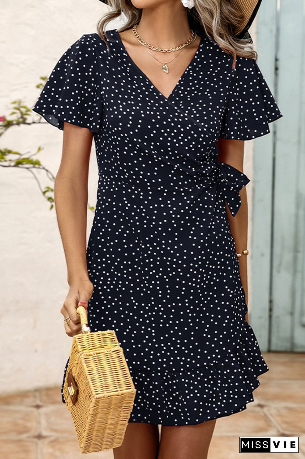 Polka Dot Print V Neck Short Dress Wholesale