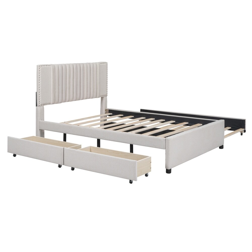 Platform Bed Wood Platform Bed Frame with Twin XL Trundle  Upholstered Bed with Headboard   2 Drawers for Apartment