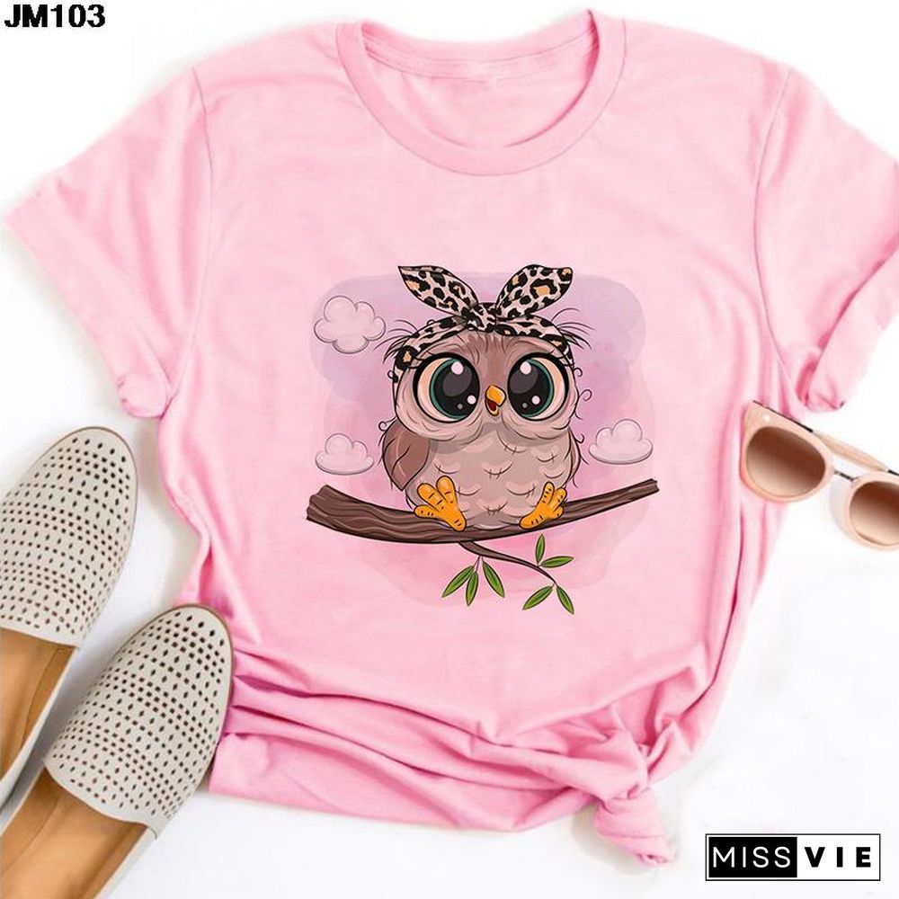 Gothic Women Cute Owl Printed T-Shirt All Seasons Fashion Thin Short Sleeve Tees Harajuku Casual Pink Top Female Clothing Tshirt