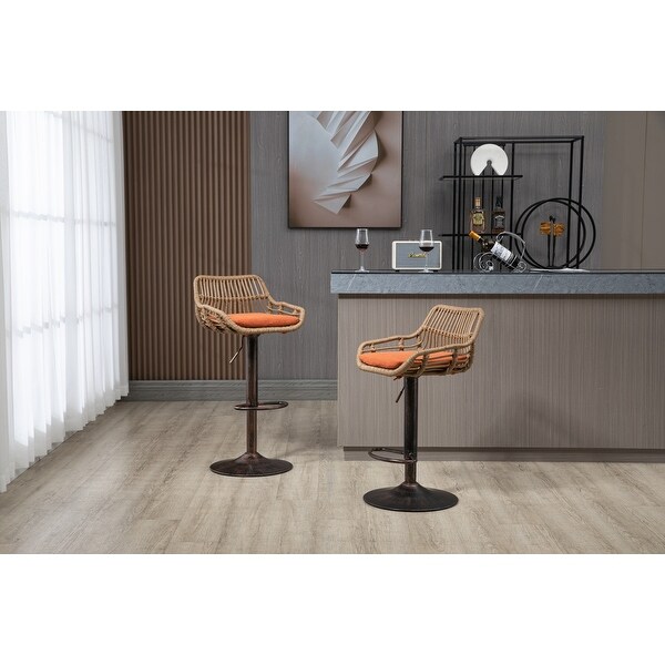 Modern Bar Stool Set of 2， Rattan Barstools Height Adjustable Bar Chairs Swivel Barstools with Footrest for Kitchen， Dining Room