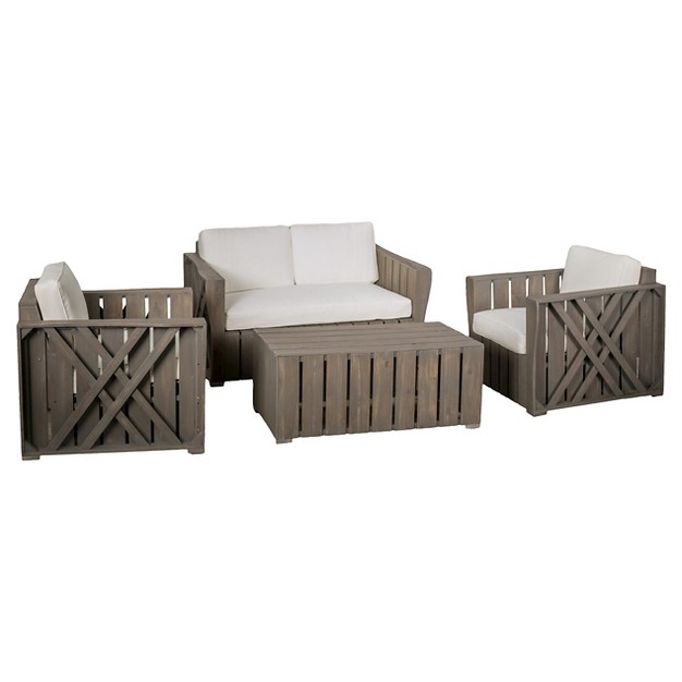 Cadence 4pc Acacia Wood Patio Chat Set With Cushions Gray Christopher Knight Home