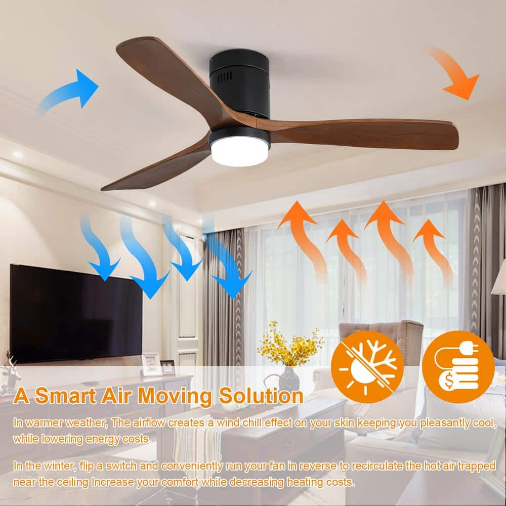 Sofucor 52 in. LED IndoorOutdoor Flush Mount Smart Matte Black Ceiling Fan with Wood Blades 6-Speed DC Remote Control ZSKBKN220209010