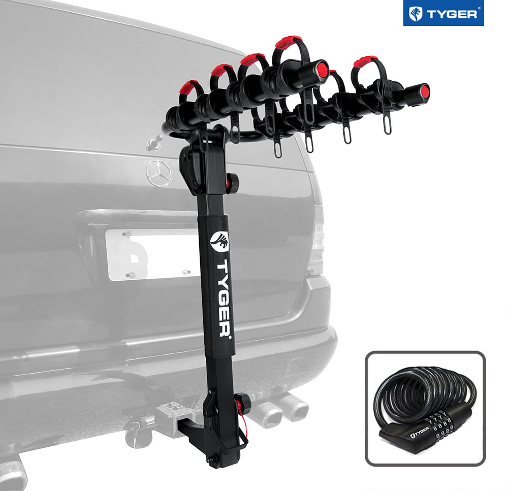 Tyger Auto TG-RK4B102B Deluxe 4-bike Carrier Rack Compatible with both 1-1/4'' and 2'' Hitch Receiver | With Hitch Pin Lock and Cable Lock | Soft Cushion Protector