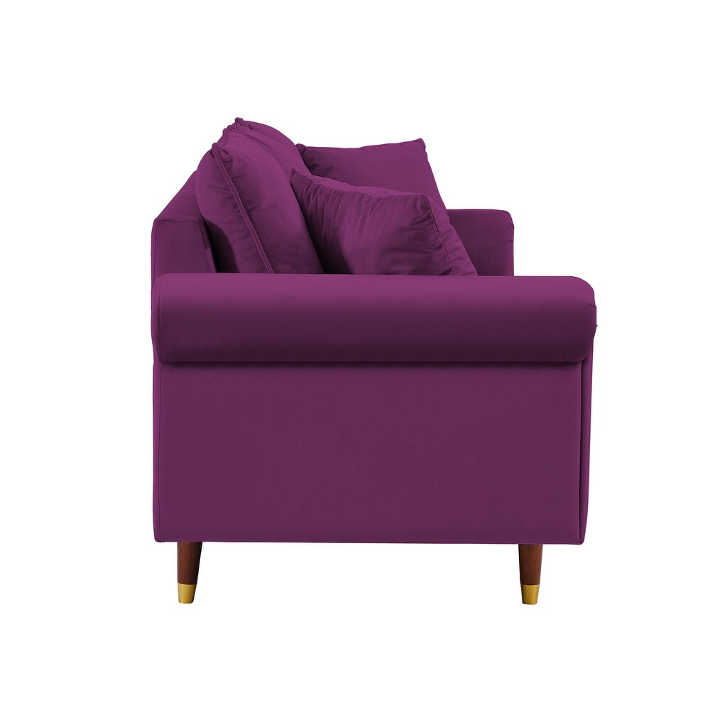 Velvet Sofa Couch with 2 Pillows  Modern 3 Seater Sofa With Wood Legs for Living Room and Bedroom .