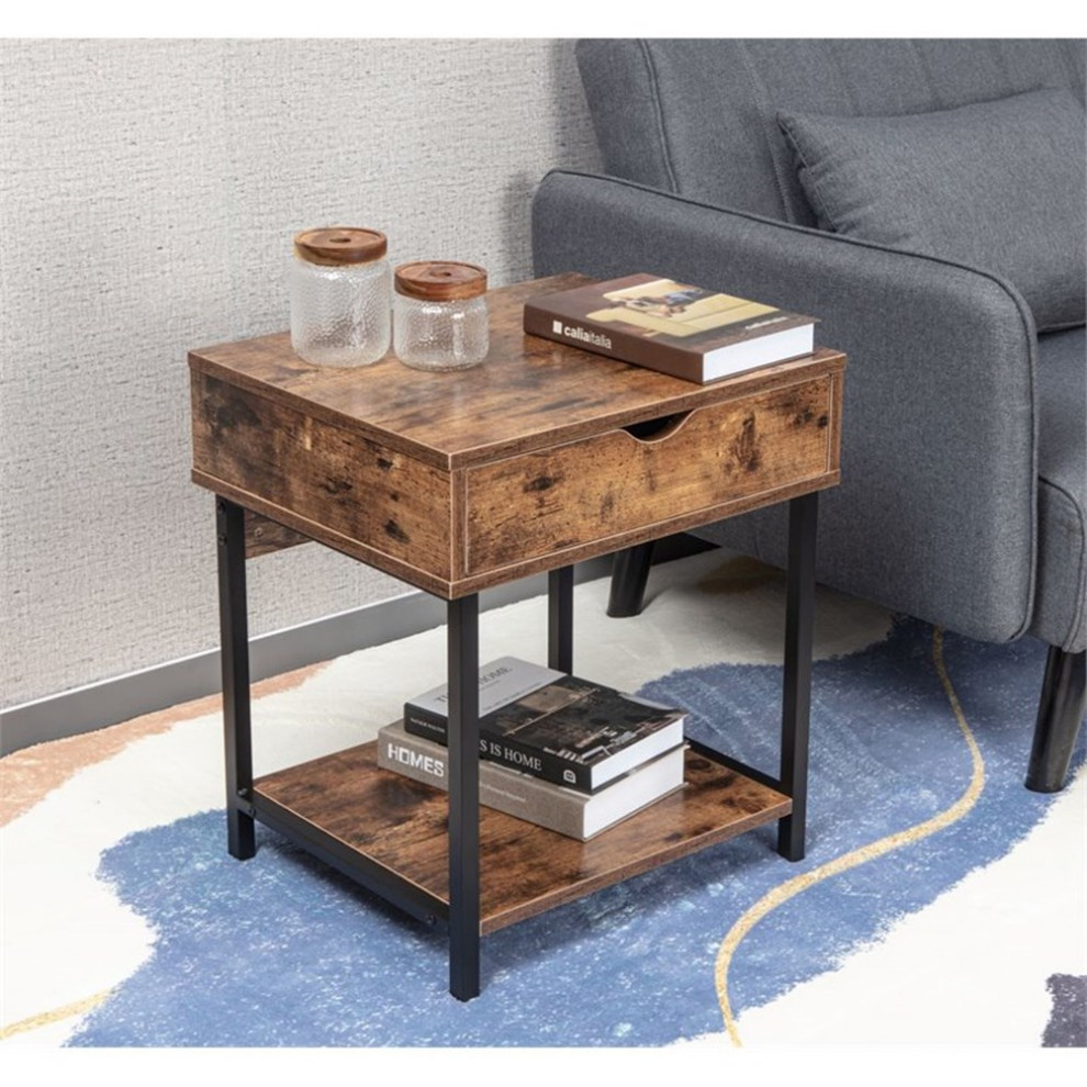 Home Square Modern Wood End Table with Drawer in Rustic Brown   Set of 2   Industrial   Side Tables And End Tables   by Homesquare  Houzz