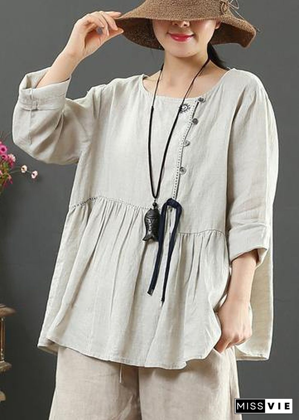 Italian Beige Blouses For Women O Neck Cinched Tunic Spring Blouse