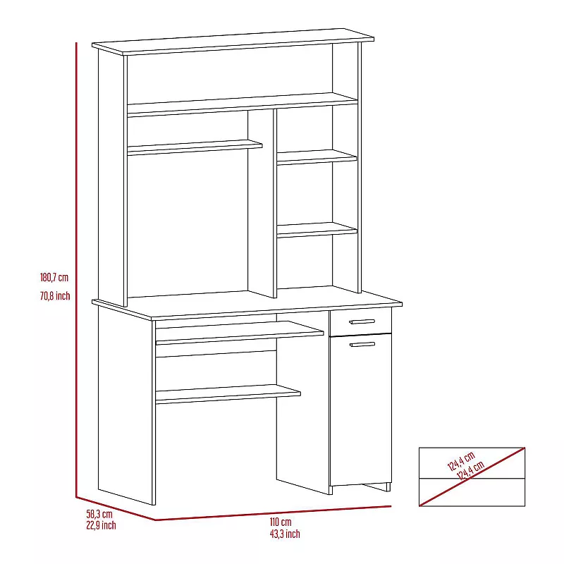 Weston Two Writing Computer Desk， Hutch， Single Drawer and Cabinet， Six Shelves