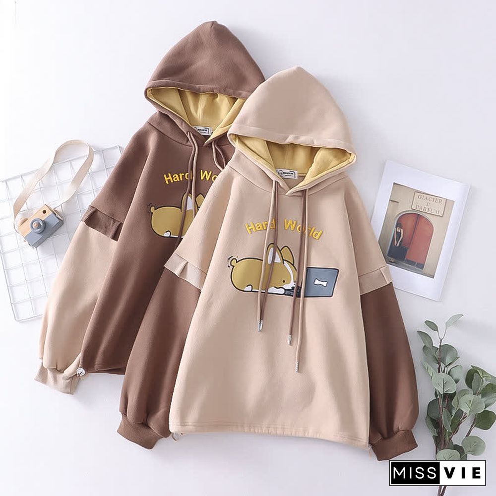 Cartoon Puppy Letter Embroidery Colorblock Plush Hoodie