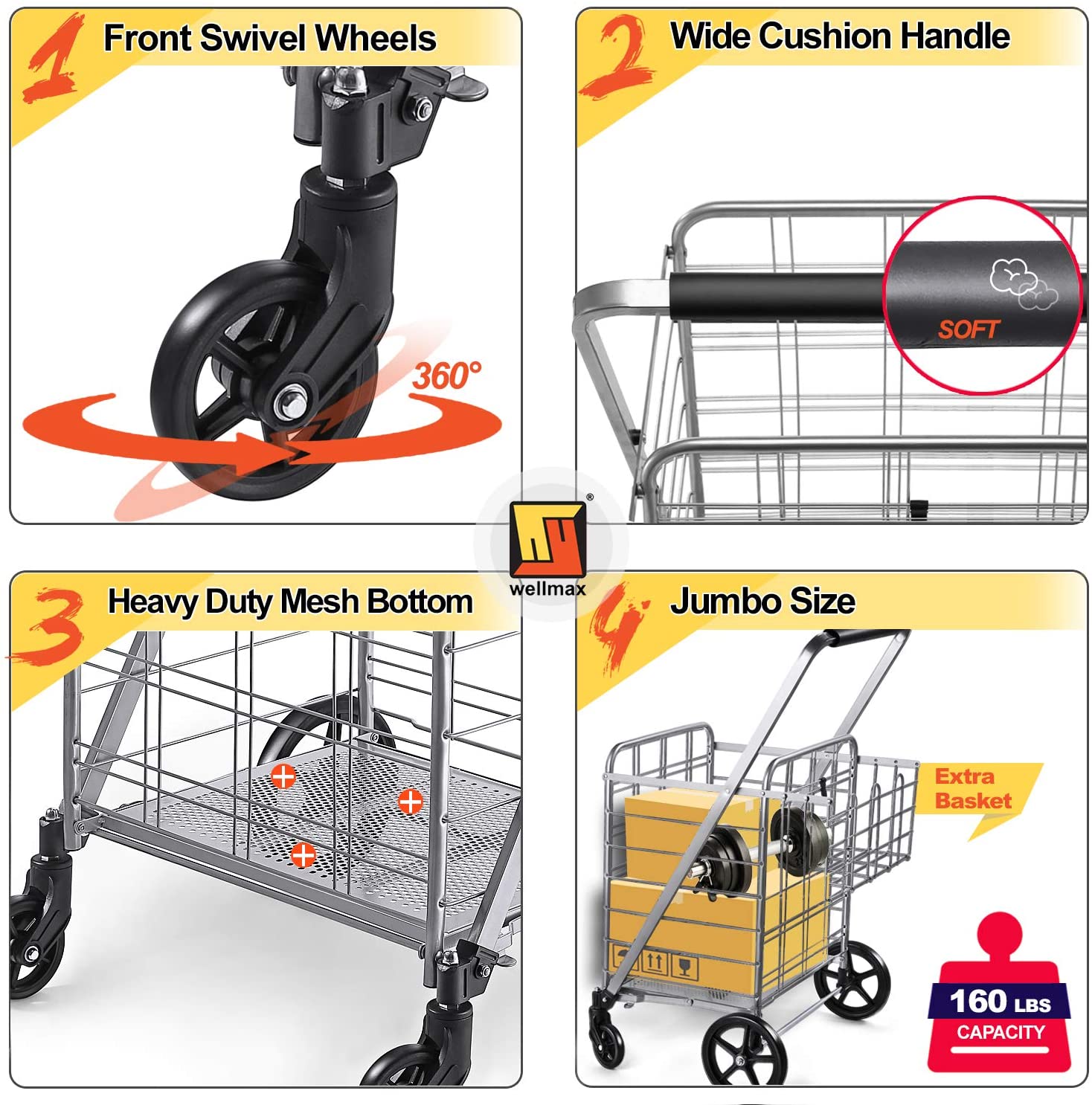 Wellmax Shopping Cart with Wheels, Metal Grocery Cart with Wheels, Shopping Carts For Groceries