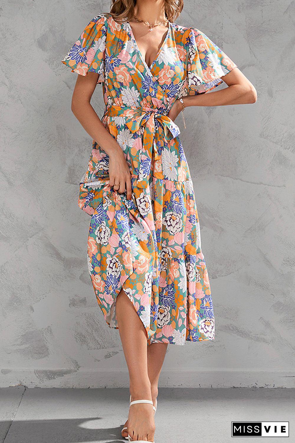 Wrap V Neck Tiered Midi Floral Dress