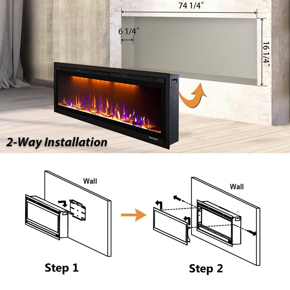 Valuxhome 74 in. 750-Watt1500-Watt Wall-Mount and Recessed Electric Fireplace with LED Light Log and Crystal in Black BI74-HD