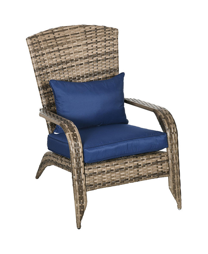 Outsunny Patio Wicker Adirondack Chair Outdoor All-Weather Rattan Fire Pit Chair w  Soft Cushions Tall Curved Backrest and Comfortable Armrests for Deck or Garden Dark Blue