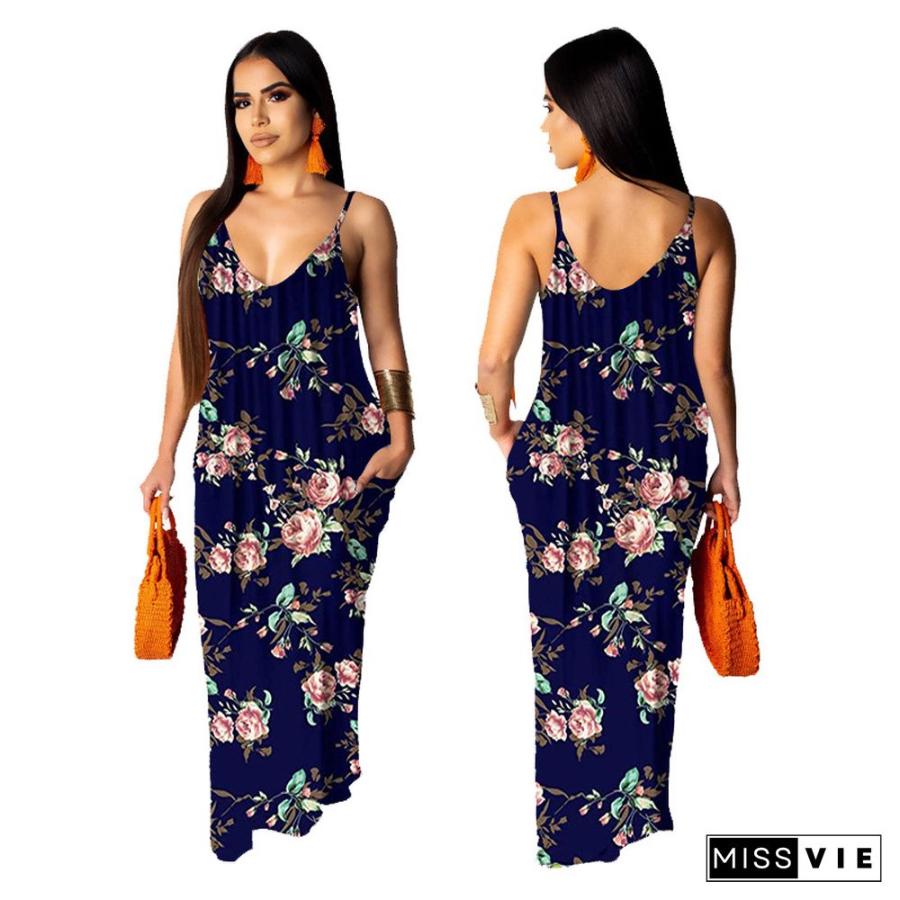 Hot Style Women's Summer Boho Floral Print Sleeveless V Neck Loose Long Maxi Party Beach Dress