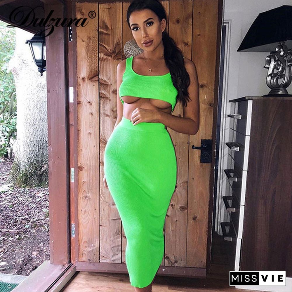 Dulzura Neon Ribbed Knitted Women Two Piece Matching Co Ord Set Crop Top Midi Skirt Sexy Festival Party Winter Clothing