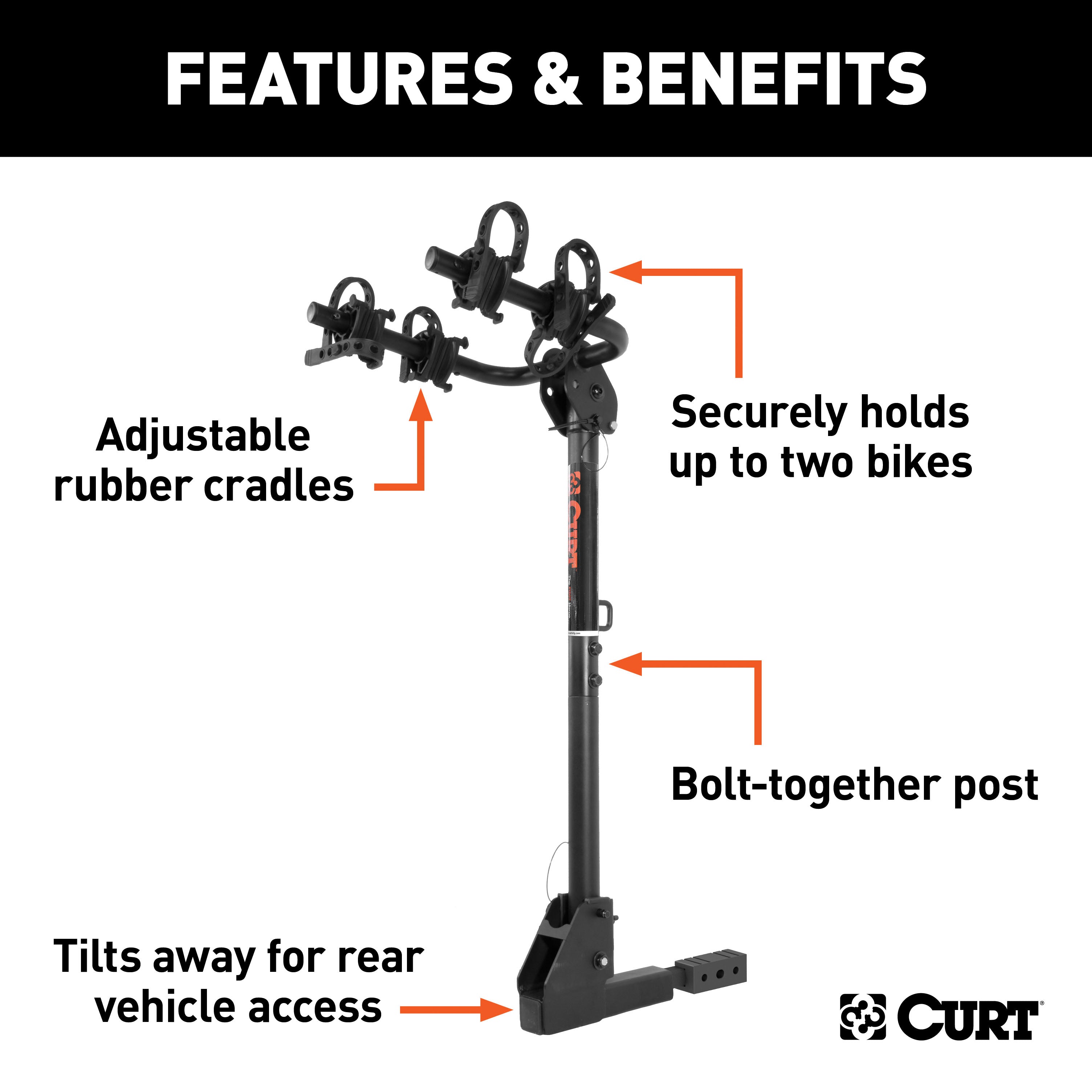 CURT 18029 Trailer Hitch Bike Rack Mount， Fits 1-1/4， 2-Inch Receiver， 2 Bicycles