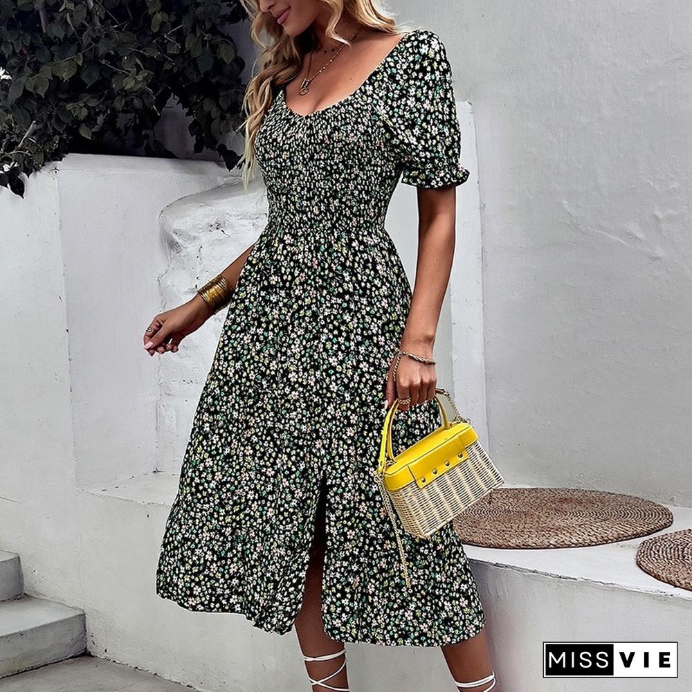 Vintage Floral Print Sexy Hem Split Dresses Women Summer Dress New Boho Folds Elastic Swing Short Puff Sleeve Dress