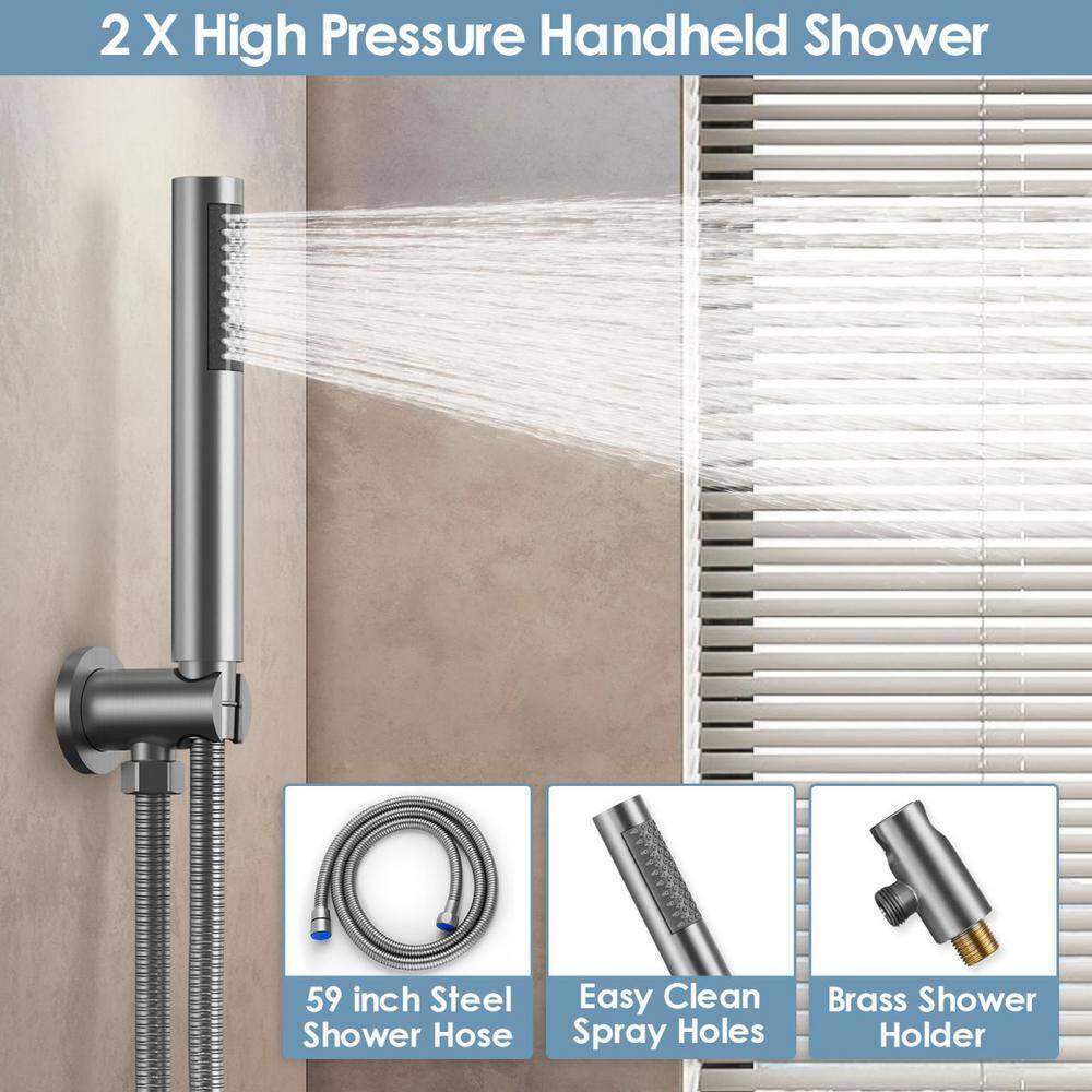 GRANDJOY Luxury Thermostatic 7-Spray Wall Mount 12 in. Fixed and Handheld Shower Head 2.5 GPM in Brushed Nickel 125 SRM6379NI-12BL