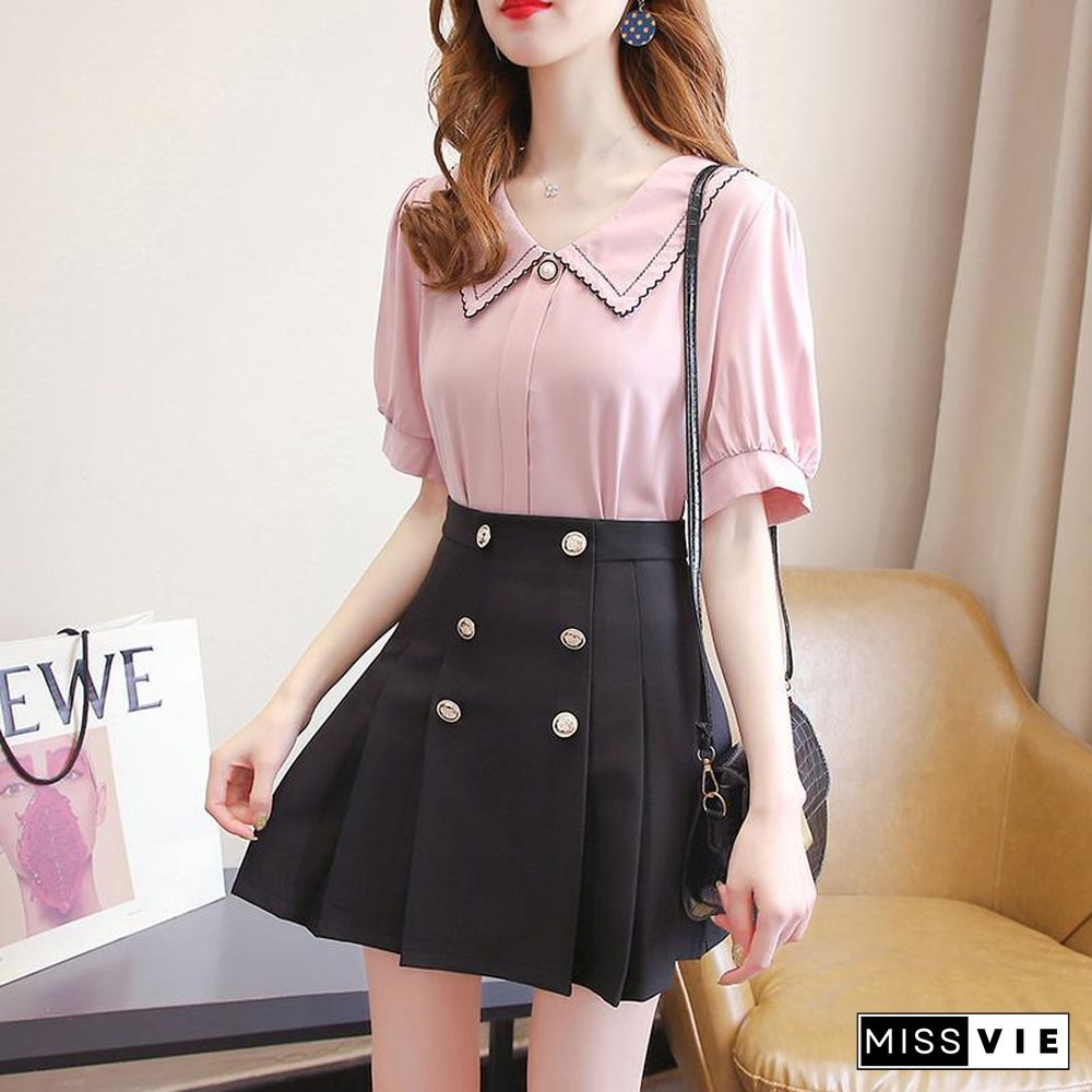 Lapel Blouse+Double Breasted Skirt P13065