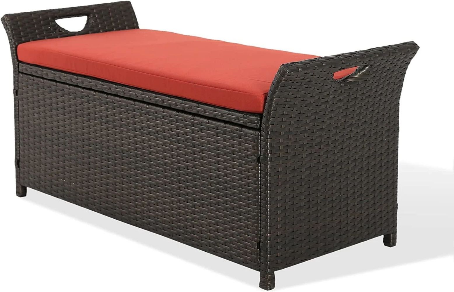 Docooler Patio Wicker Storage Bench Outdoor Rattan Deck Storage Box with Red Cushion