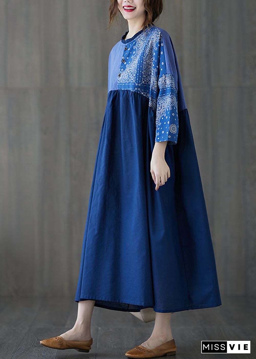 Classy Blue Ruffled Print Cotton Long Dress Spring