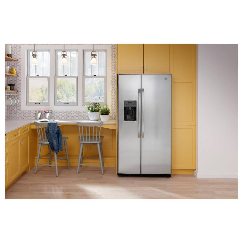 GE 25.3 cu. ft. Side by Side Refrigerator in Fingerprint Resistant Stainless Steel Standard Depth GSS25GYPFS